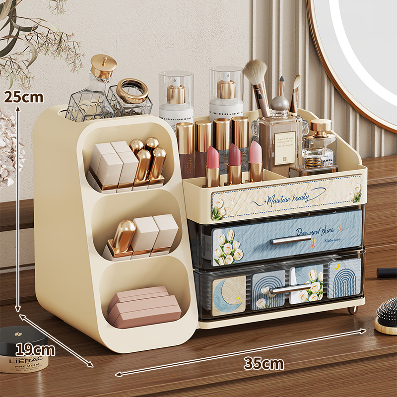 Kozmetikai tároló az asztalhoz, nagy kapacitású fiókkal, porálló, ABS+PET anyagból, modern minimalist stílus, sminkecsetek tárolása