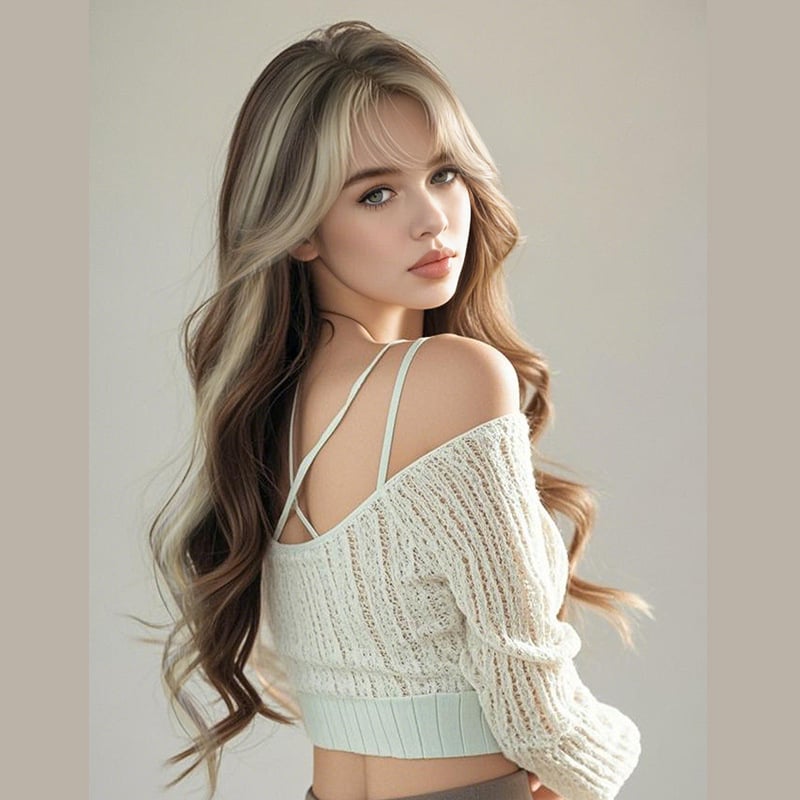 Ženska duga kovrčava perika s dugim bangs, model QLSB02, vlakna visoke temperature, mehanička obrada