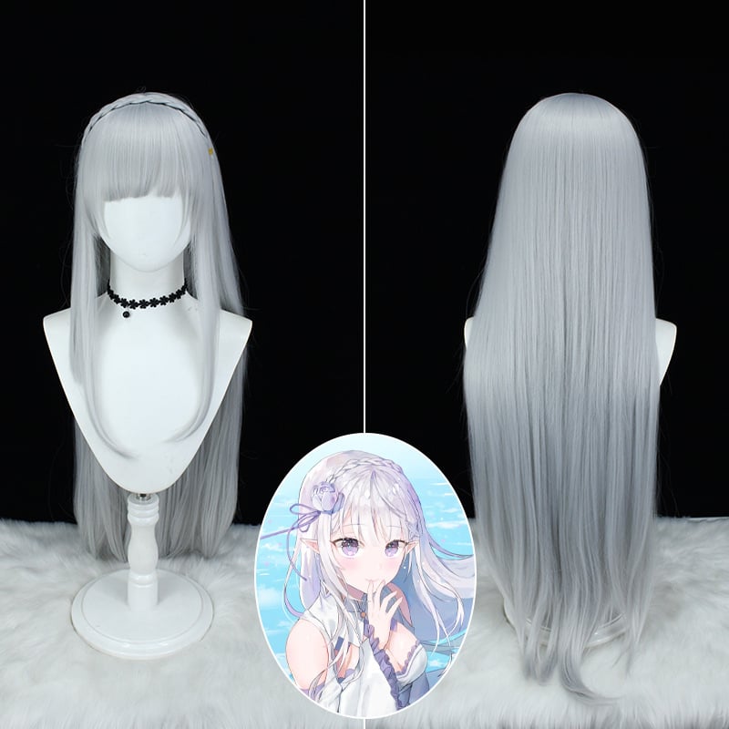 Emilia cosplay perika iz Re:Zero, anime stil s dugim šiškama, vlakna otporna na toplinu, frizura s repom i šalom, model Emilia, za cosplay