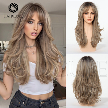Perucă lungă buclată pentru femei, breton lung, fibre sintetice rezistente la temperatură, mecanism de fabricație, model Lx-lc3086-1