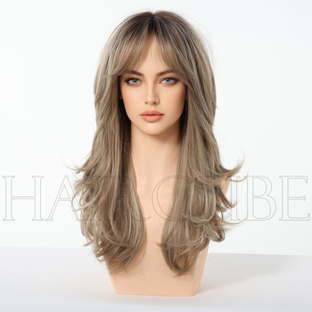 Perucă lungă buclată pentru femei, breton lung, fibre sintetice rezistente la temperatură, mecanism de fabricație, model Lx-lc3086-1