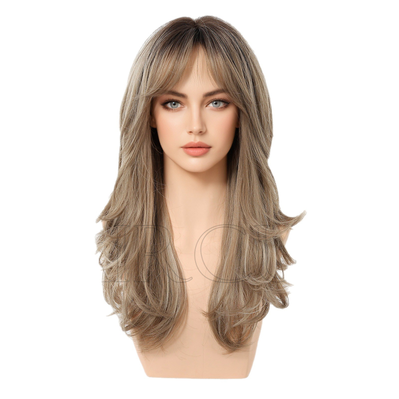 Perucă lungă buclată pentru femei, breton lung, fibre sintetice rezistente la temperatură, mecanism de fabricație, model Lx-lc3086-1