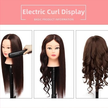 Capă de practică pentru coafură cu păr din fibre mixte, păr lung drept cu breton înclinat – practică de machiaj și coafuri