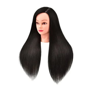 Capă de practică pentru coafură cu păr din fibre mixte, păr lung drept cu breton înclinat – practică de machiaj și coafuri