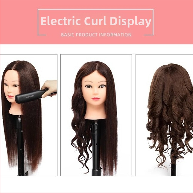 Capă de practică pentru coafură cu păr din fibre mixte, păr lung drept cu breton înclinat – practică de machiaj și coafuri