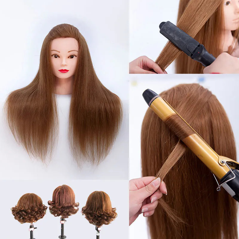 Capă de practică pentru coafură cu păr din fibre mixte, păr lung drept cu breton înclinat – practică de machiaj și coafuri