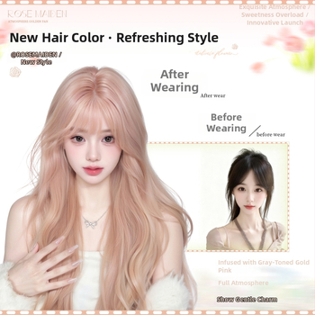 Perucă pentru întregul cap: păr lung, bucle mari, aspect natural, breton drept; mătase rezistentă la temperatură, prelucrare mecanică, nu poate fi vopsită sau peramată