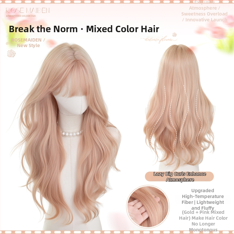 Perucă pentru întregul cap: păr lung, bucle mari, aspect natural, breton drept; mătase rezistentă la temperatură, prelucrare mecanică, nu poate fi vopsită sau peramată