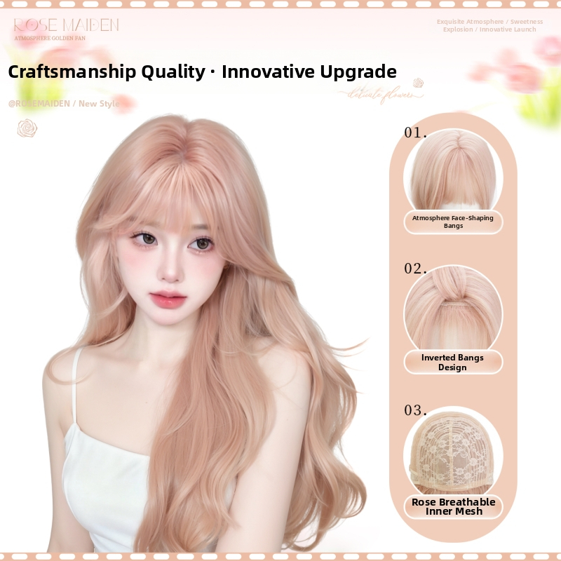 Perucă pentru întregul cap: păr lung, bucle mari, aspect natural, breton drept; mătase rezistentă la temperatură, prelucrare mecanică, nu poate fi vopsită sau peramată