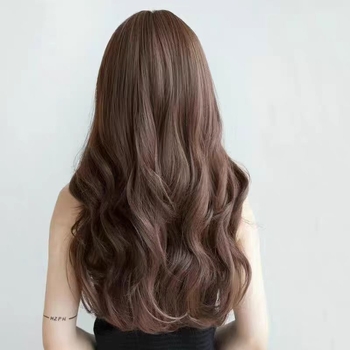 Korejskog stila dugačka kovrčava perika s bangs, vlakna otporna na visoke temperature, potpuno pokrivanje glave, mehanička izrada, nije za bojanje
