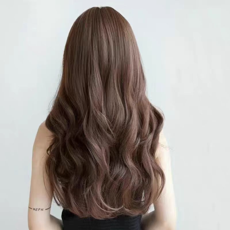 Korejskog stila dugačka kovrčava perika s bangs, vlakna otporna na visoke temperature, potpuno pokrivanje glave, mehanička izrada, nije za bojanje
