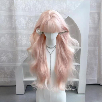 Perucă lungă buclată cu breton lung; material păr: filament de proteine; procesare: mecanism; stil: natural