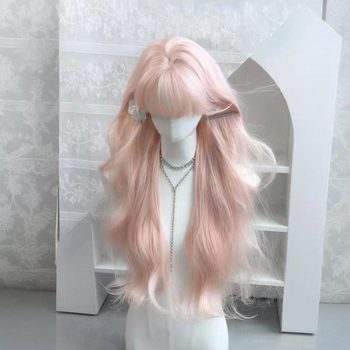 Perucă lungă buclată cu breton lung; material păr: filament de proteine; procesare: mecanism; stil: natural