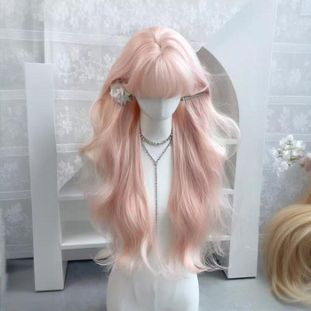 Perucă lungă buclată cu breton lung; material păr: filament de proteine; procesare: mecanism; stil: natural