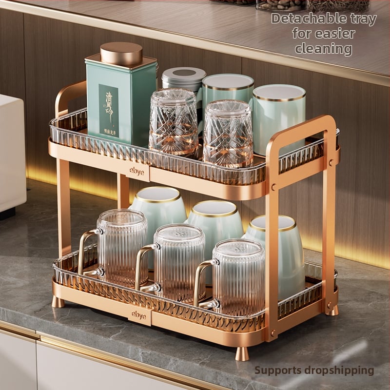 Ράφι αποθήκευσης κούπας για πάγκο — Διπλό επίπεδο, κινητό, χωρίς εγκατάσταση, δίσκος αποστράγγισης, κατάλληλο για κουζίνα και καθιστικό