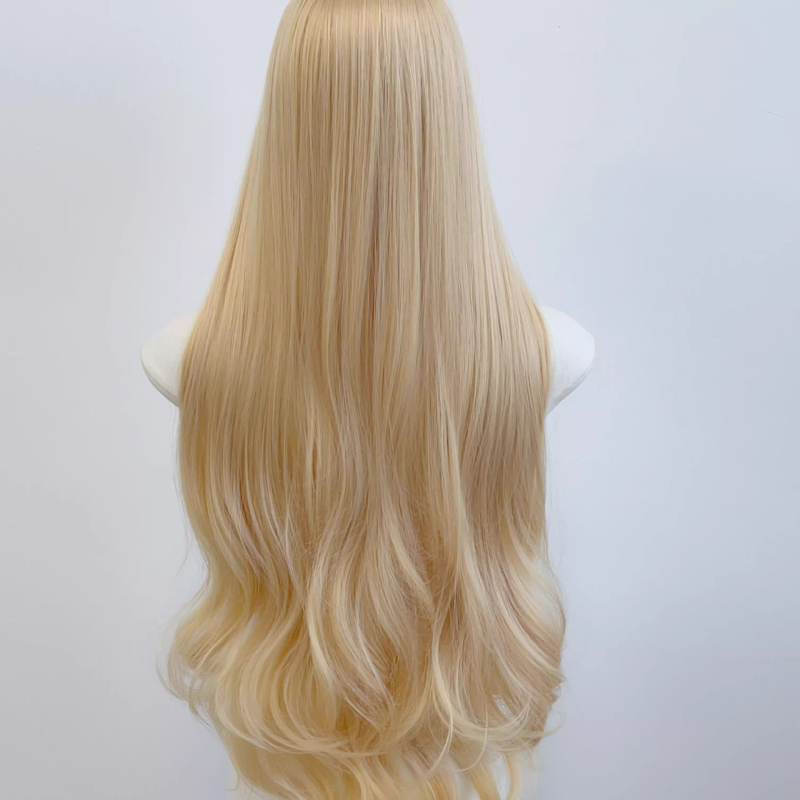 Perucă lungă buclată, aspect natural, fibre de mătase proteică, parte mediană, perucă pentru întreaga cap