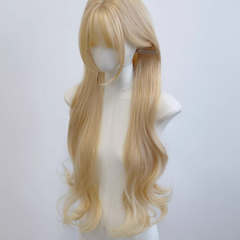 Perucă lungă buclată, aspect natural, fibre de mătase proteică, parte mediană, perucă pentru întreaga cap