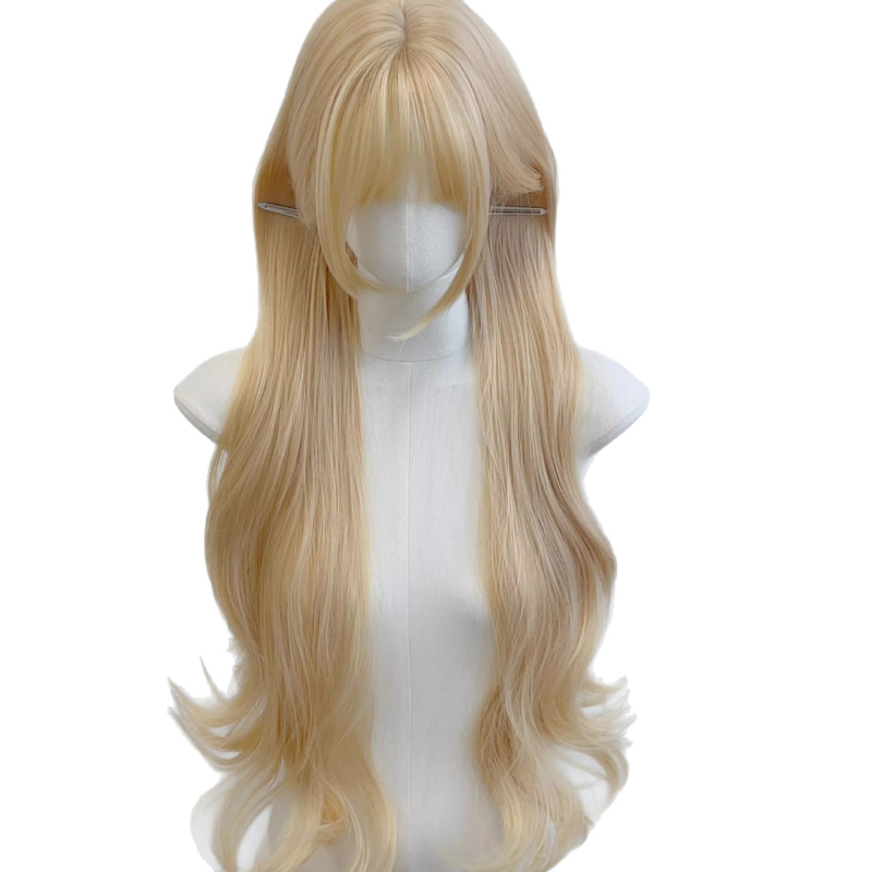 Perucă lungă buclată, aspect natural, fibre de mătase proteică, parte mediană, perucă pentru întreaga cap