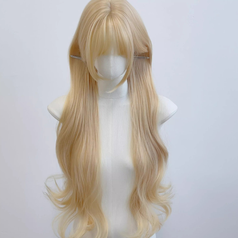 Perucă lungă buclată, aspect natural, fibre de mătase proteică, parte mediană, perucă pentru întreaga cap