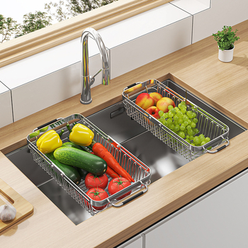 Nehrđajući čelični odvodni koš za sudoperu s teleskopskom funkcijom – višenamjenski stalak za posuđe, voće i povrće, Essence