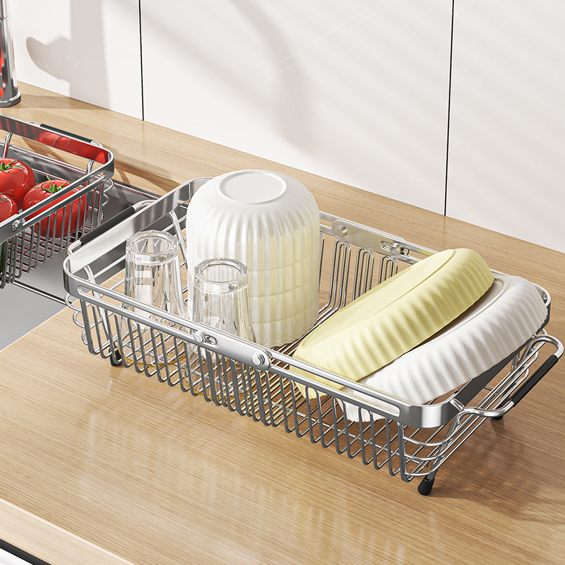 Nehrđajući čelični odvodni koš za sudoperu s teleskopskom funkcijom – višenamjenski stalak za posuđe, voće i povrće, Essence