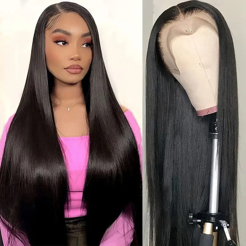 Perika za dugu ravnu kosu sa srednjim razdjelom, Lace Front 13x4, vlakna otporna na visoke temperature, mehanizam proizvodnje
