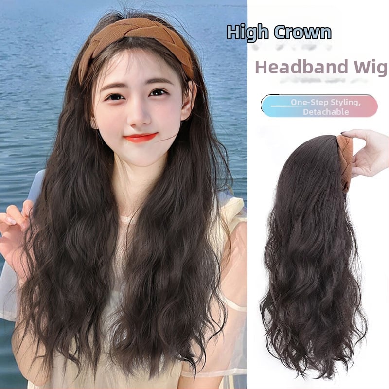 Perucă cu bandă pentru cap, păr lung, bucle, coroană înaltă, din mătase rezistentă la temperaturi, semi-manufacturată manual