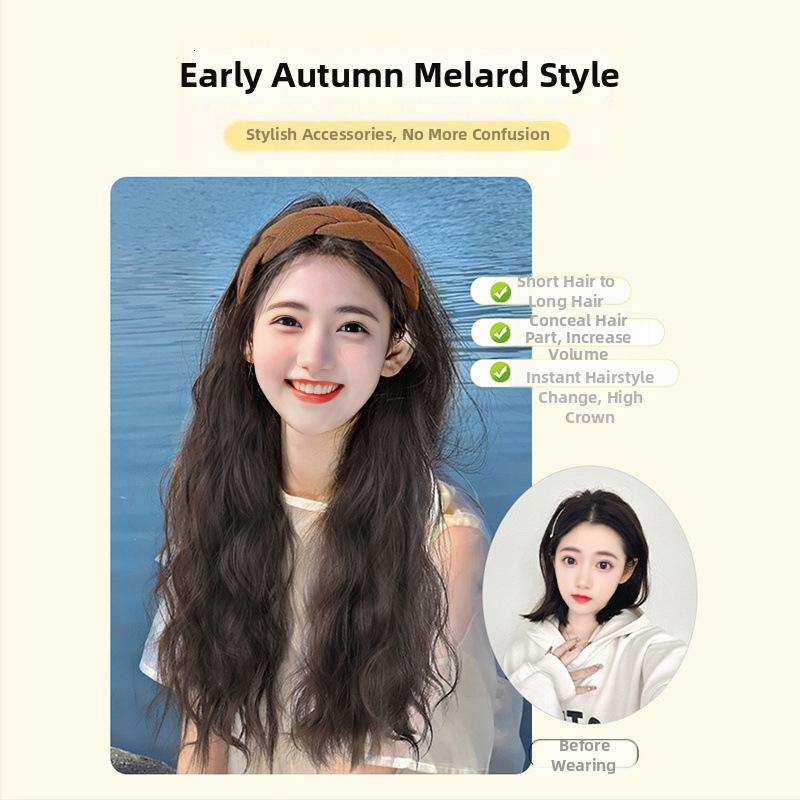 Perucă cu bandă pentru cap, păr lung, bucle, coroană înaltă, din mătase rezistentă la temperaturi, semi-manufacturată manual