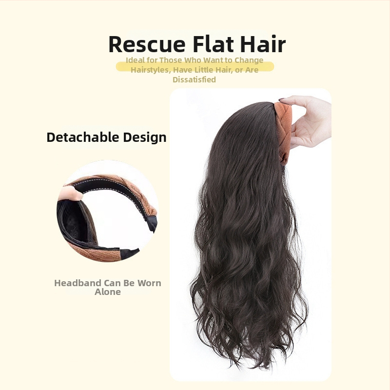 Perucă cu bandă pentru cap, păr lung, bucle, coroană înaltă, din mătase rezistentă la temperaturi, semi-manufacturată manual