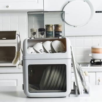Πολυλειτουργικό ράφι αποστράγγισης κουζίνας με καπάκι, διπλού επιπέδου οργανωτής πιάτων, πλαστικό, μοντέρνο μινιμαλιστικό στυλ