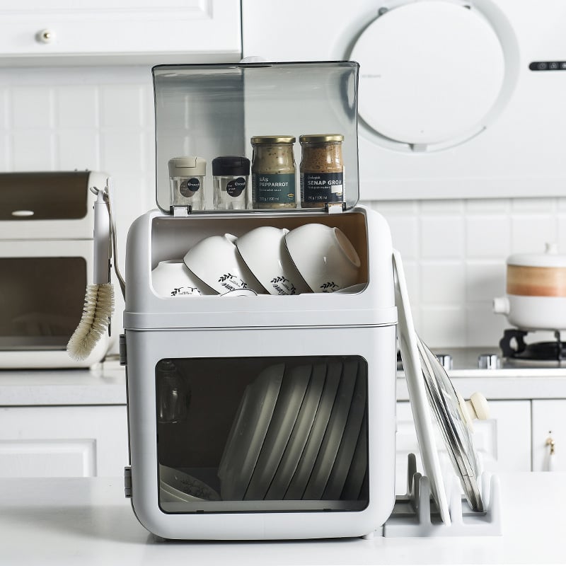 Πολυλειτουργικό ράφι αποστράγγισης κουζίνας με καπάκι, διπλού επιπέδου οργανωτής πιάτων, πλαστικό, μοντέρνο μινιμαλιστικό στυλ