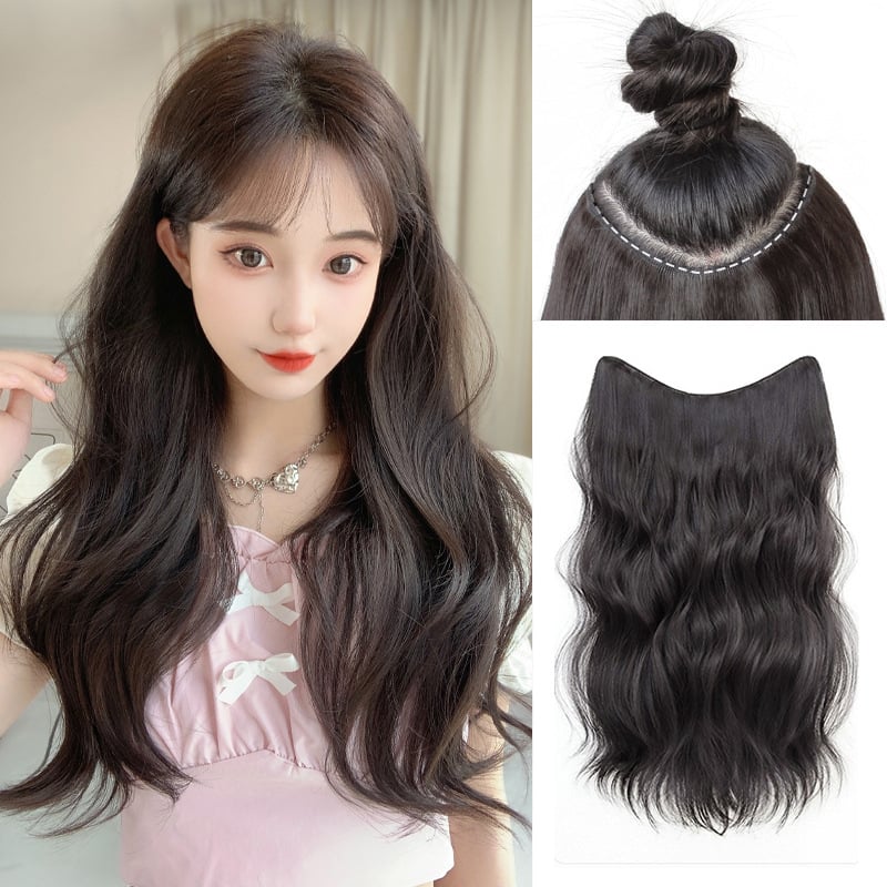 Perucă – păr micro-curl în formă de V, extensie dintr-o bucată, capac invizibil fără cusături, stil coreean, fibre rezistente la căldură, breton drept sau înclinat, oferă volum și formă