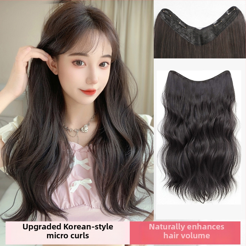 Perucă – păr micro-curl în formă de V, extensie dintr-o bucată, capac invizibil fără cusături, stil coreean, fibre rezistente la căldură, breton drept sau înclinat, oferă volum și formă