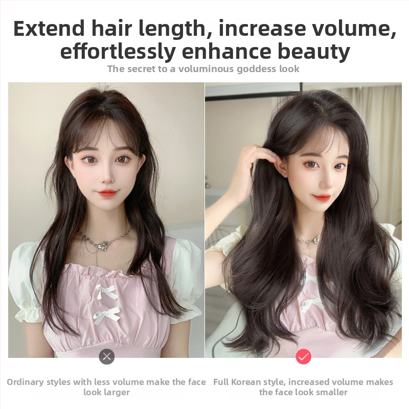 Perucă – păr micro-curl în formă de V, extensie dintr-o bucată, capac invizibil fără cusături, stil coreean, fibre rezistente la căldură, breton drept sau înclinat, oferă volum și formă