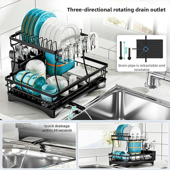 Στεγνωτήρας Πιάτων από Σίδηρο, Διπλό Ράφι Δαπέδου για Μπολ και Πιάτα, Με Αποστράγγιση