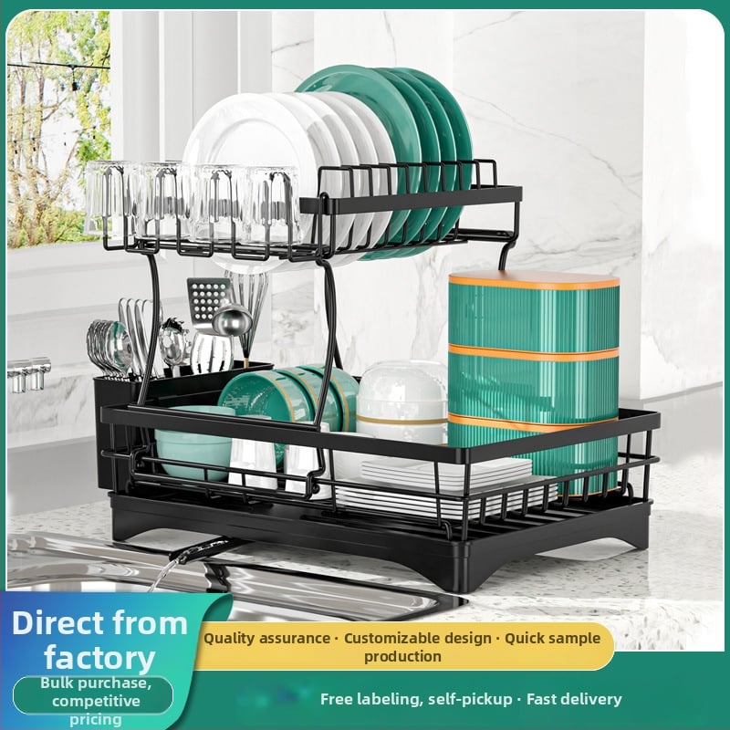 Στεγνωτήρας Πιάτων από Σίδηρο, Διπλό Ράφι Δαπέδου για Μπολ και Πιάτα, Με Αποστράγγιση