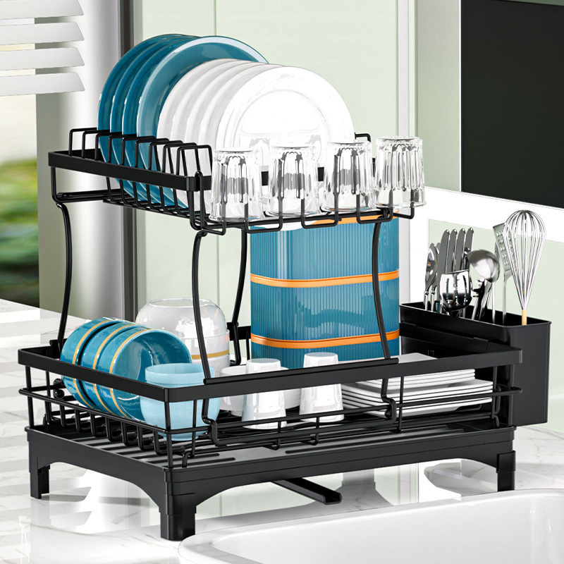 Στεγνωτήρας Πιάτων από Σίδηρο, Διπλό Ράφι Δαπέδου για Μπολ και Πιάτα, Με Αποστράγγιση