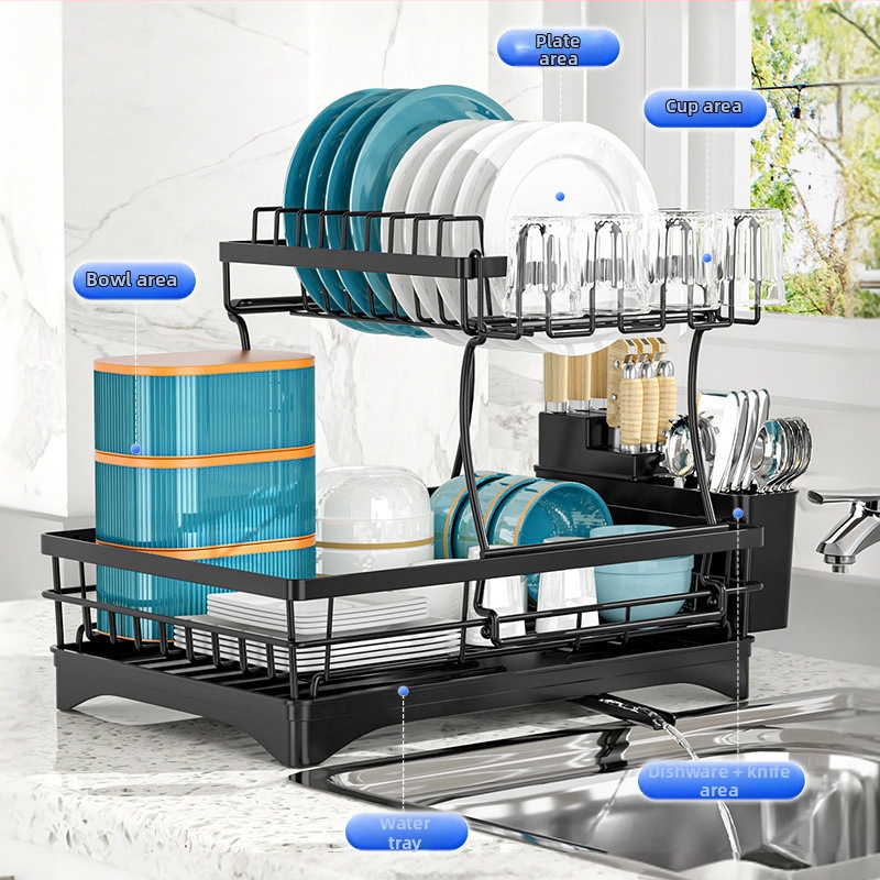 Στεγνωτήρας Πιάτων από Σίδηρο, Διπλό Ράφι Δαπέδου για Μπολ και Πιάτα, Με Αποστράγγιση