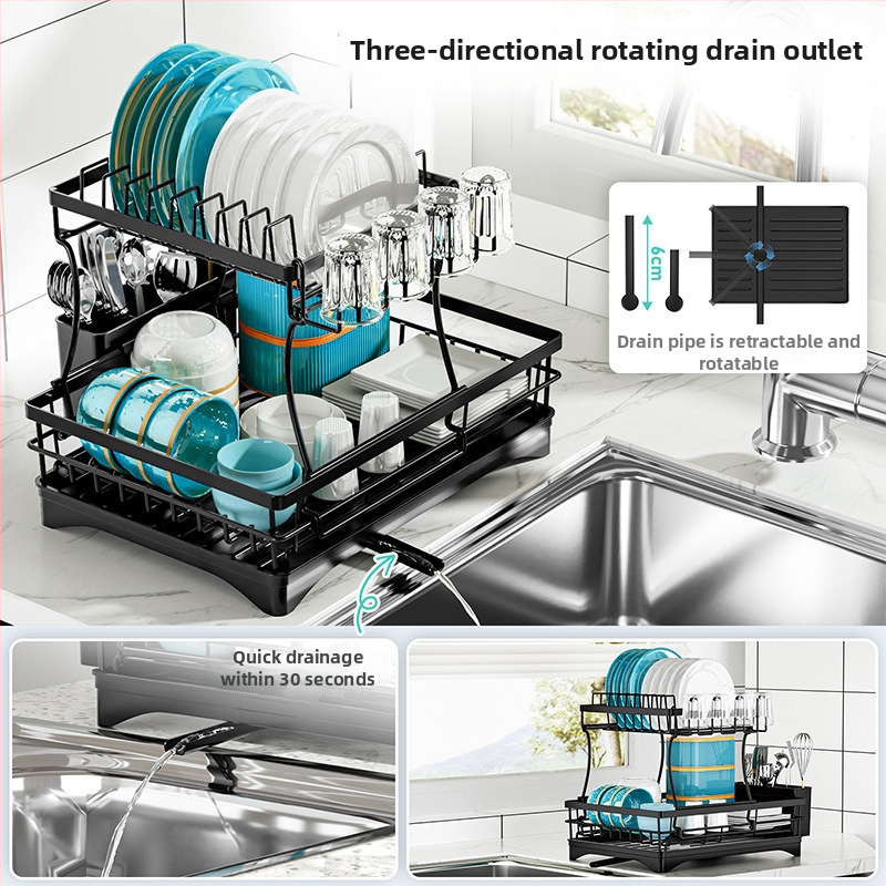 Στεγνωτήρας Πιάτων από Σίδηρο, Διπλό Ράφι Δαπέδου για Μπολ και Πιάτα, Με Αποστράγγιση