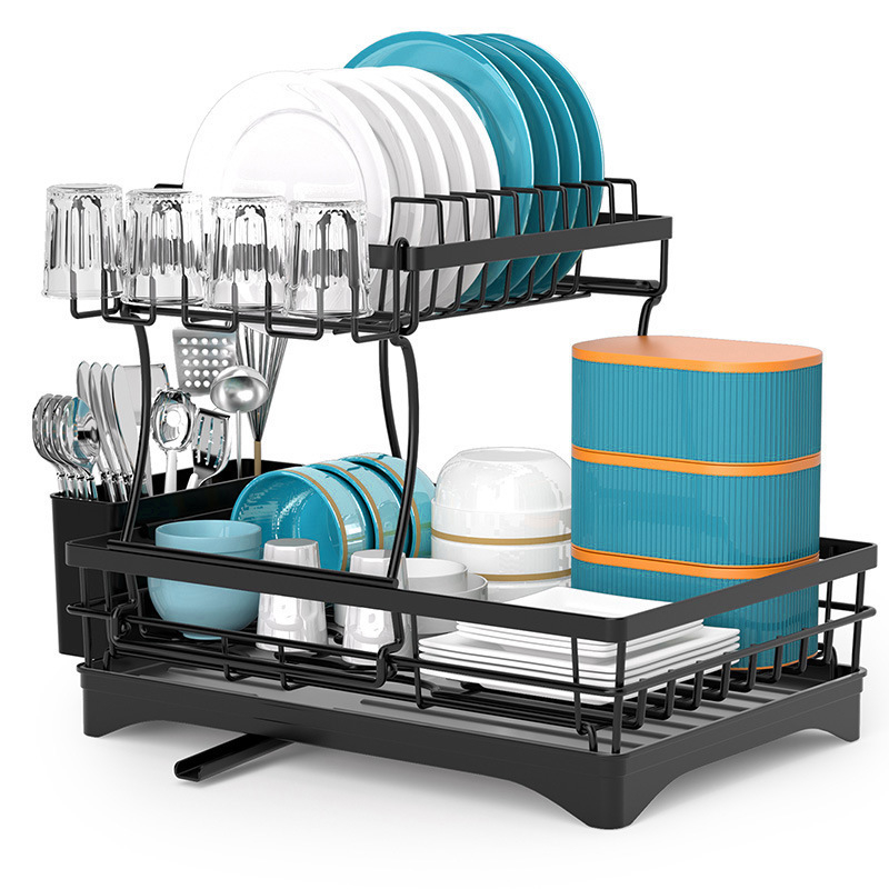 Στεγνωτήρας Πιάτων από Σίδηρο, Διπλό Ράφι Δαπέδου για Μπολ και Πιάτα, Με Αποστράγγιση