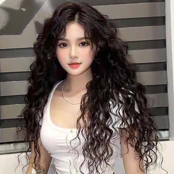 Perucă lungă cu bucle, parte mijlocie, fibră sintetică rezistentă la temperatură, aspect natural, poate fi vopsită și poate fi periată