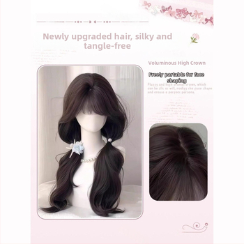 Perucă completă pentru femei cu păr lung, bucle mari, valuri mari, breton aerat, păr din mătase proteică, țesut mecanic, aspect natural