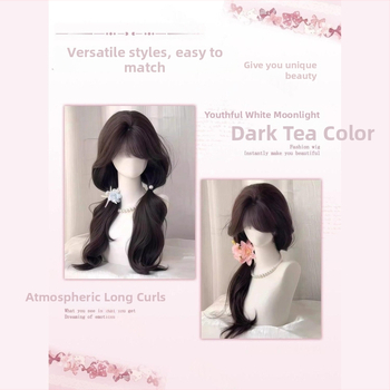 Perucă completă pentru femei cu păr lung, bucle mari, valuri mari, breton aerat, păr din mătase proteică, țesut mecanic, aspect natural