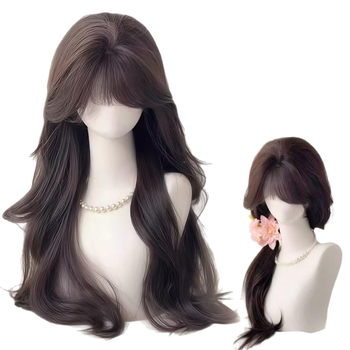 Perucă completă pentru femei cu păr lung, bucle mari, valuri mari, breton aerat, păr din mătase proteică, țesut mecanic, aspect natural