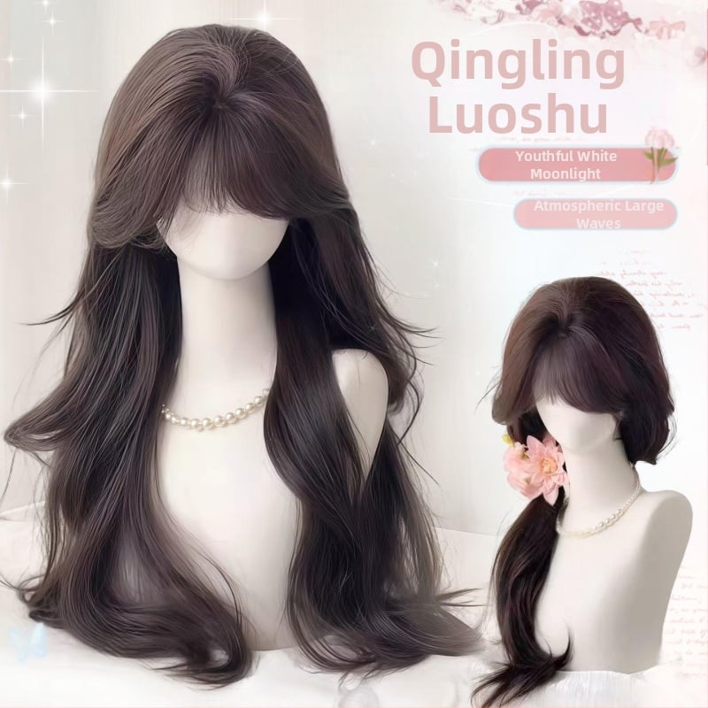 Perucă completă pentru femei cu păr lung, bucle mari, valuri mari, breton aerat, păr din mătase proteică, țesut mecanic, aspect natural