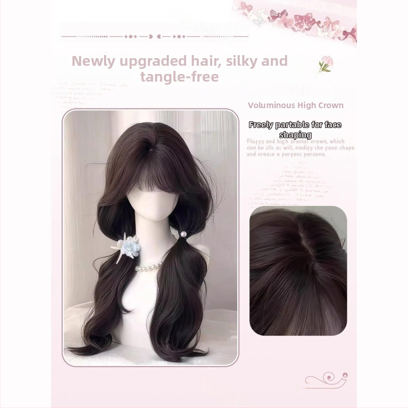 Perucă completă pentru femei cu păr lung, bucle mari, valuri mari, breton aerat, păr din mătase proteică, țesut mecanic, aspect natural