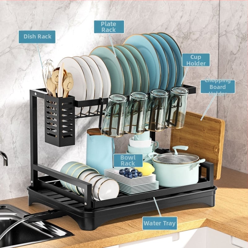 Ράφι αποστράγγισης πιάτων – πολυλειτουργικό για μπολ, μαχαιροπίρουνα και πιάτα; κατασκευή από σίδερο-σύρμα; μοντέρνος μινιμαλιστικός σχεδιασμός