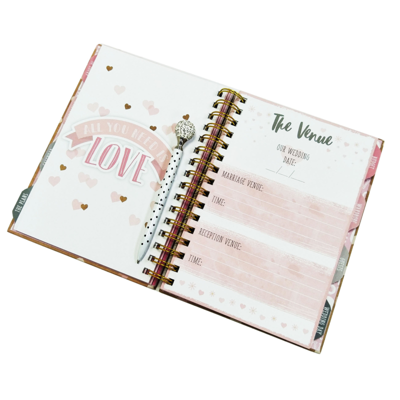 Jurnal de planificare a nunții cu spirală metalică, copertă din hârtie, 100 g hârtie neutră, element din aliaj de aluminiu