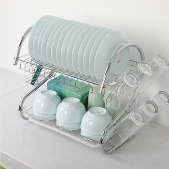 Raft din oțel inoxidabil cu dublu etaj, scurgător de vase, organizator de bucătărie modern minimalist pentru boluri, bețișoare și căni, construcție din oțel inoxidabil 304