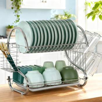 Raft din oțel inoxidabil cu dublu etaj, scurgător de vase, organizator de bucătărie modern minimalist pentru boluri, bețișoare și căni, construcție din oțel inoxidabil 304